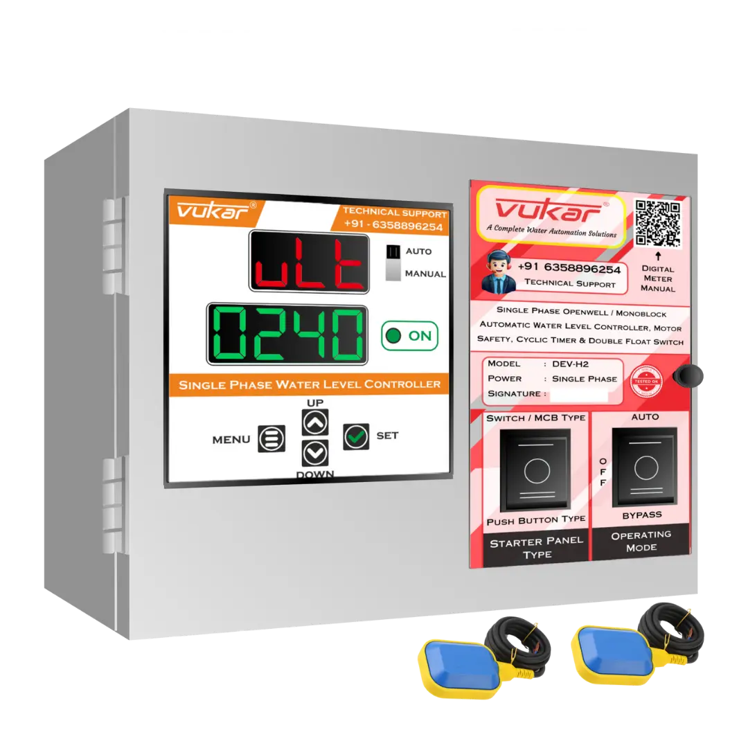 Single Phase Openwell / Monoblock Automatic Water Level Controller, Motor Safety, Cyclic Timer & Double Float Switch (DEV-H2) VUKAR