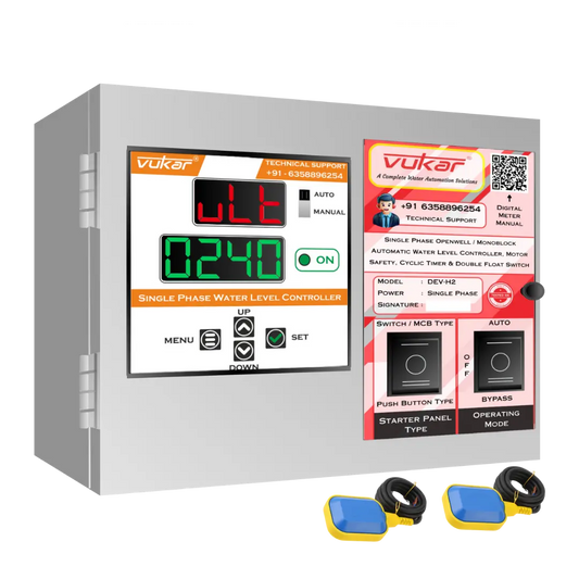 Single Phase Openwell / Monoblock Automatic Water Level Controller, Motor Safety, Cyclic Timer & Double Float Switch (DEV-H2) VUKAR
