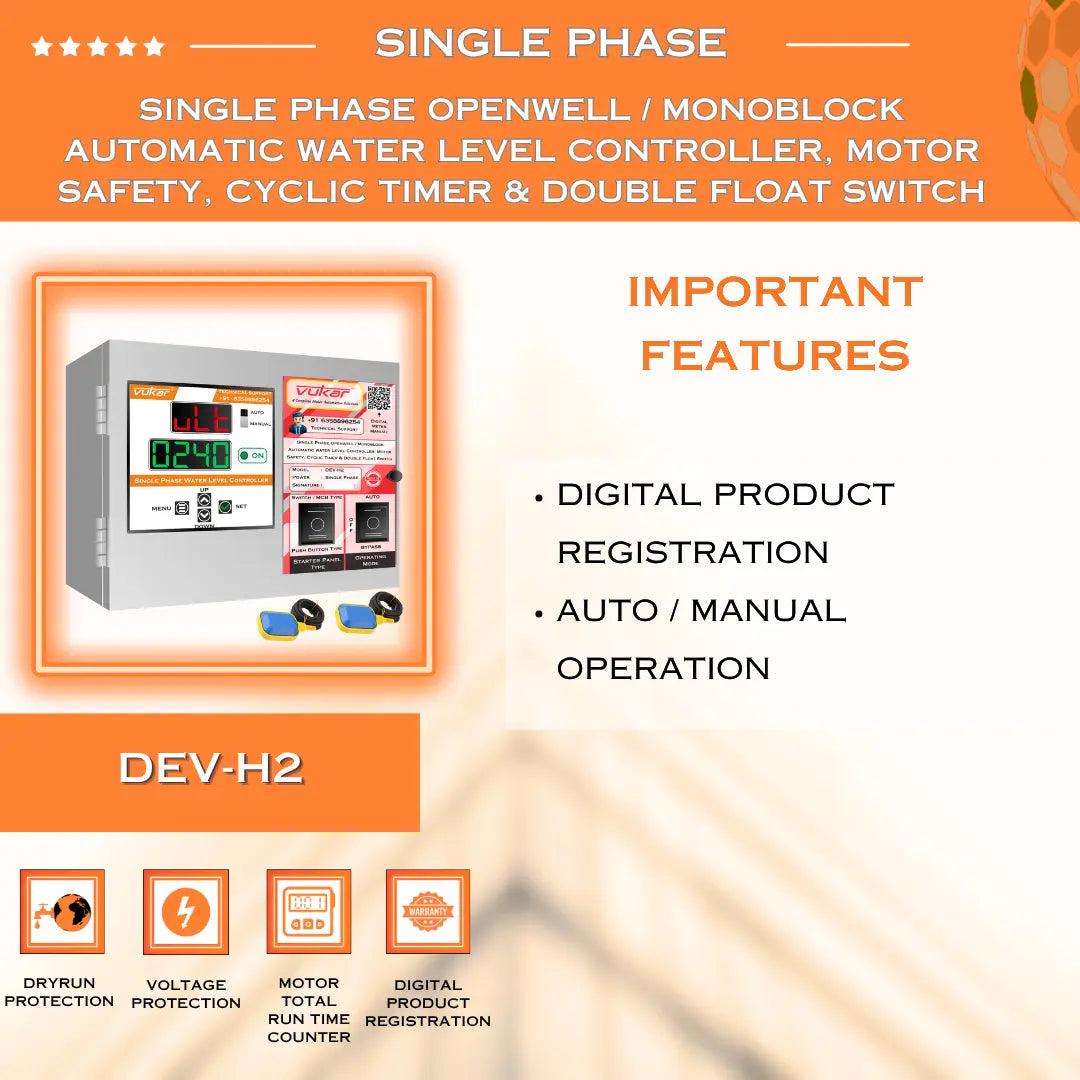 Single Phase Openwell / Monoblock Automatic Water Level Controller, Motor Safety, Cyclic Timer & Double Float Switch (DEV-H2) VUKAR