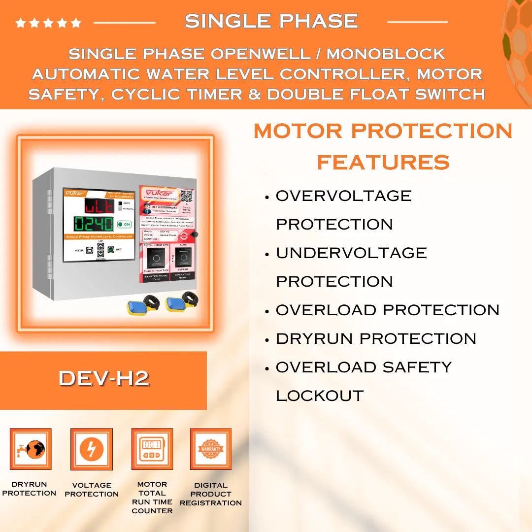 Single Phase Openwell / Monoblock Automatic Water Level Controller, Motor Safety, Cyclic Timer & Double Float Switch (DEV-H2) VUKAR