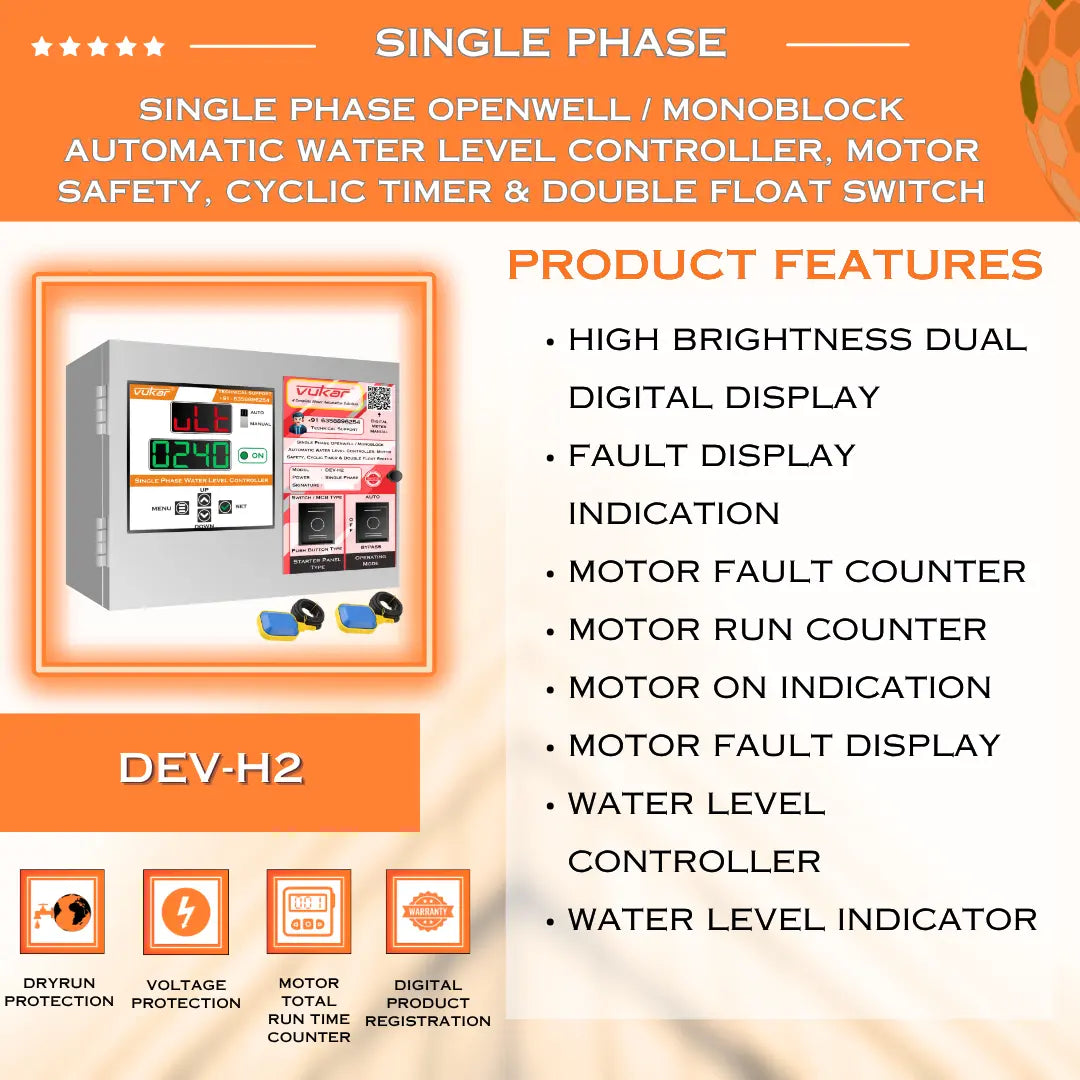 Single Phase Openwell / Monoblock Automatic Water Level Controller, Motor Safety, Cyclic Timer & Double Float Switch (DEV-H2) VUKAR