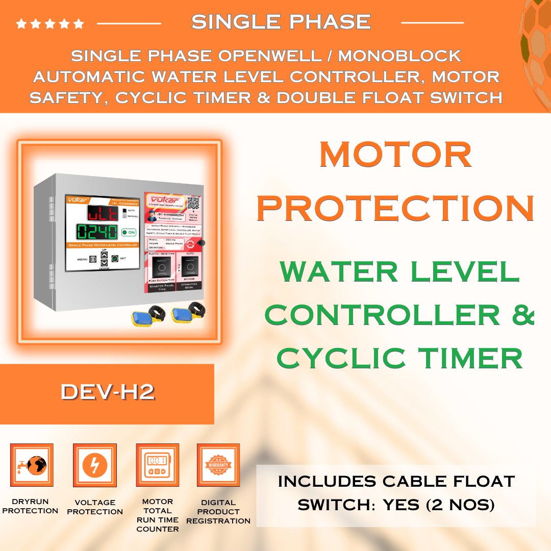Single Phase Openwell / Monoblock Automatic Water Level Controller, Motor Safety, Cyclic Timer & Double Float Switch (DEV-H2)