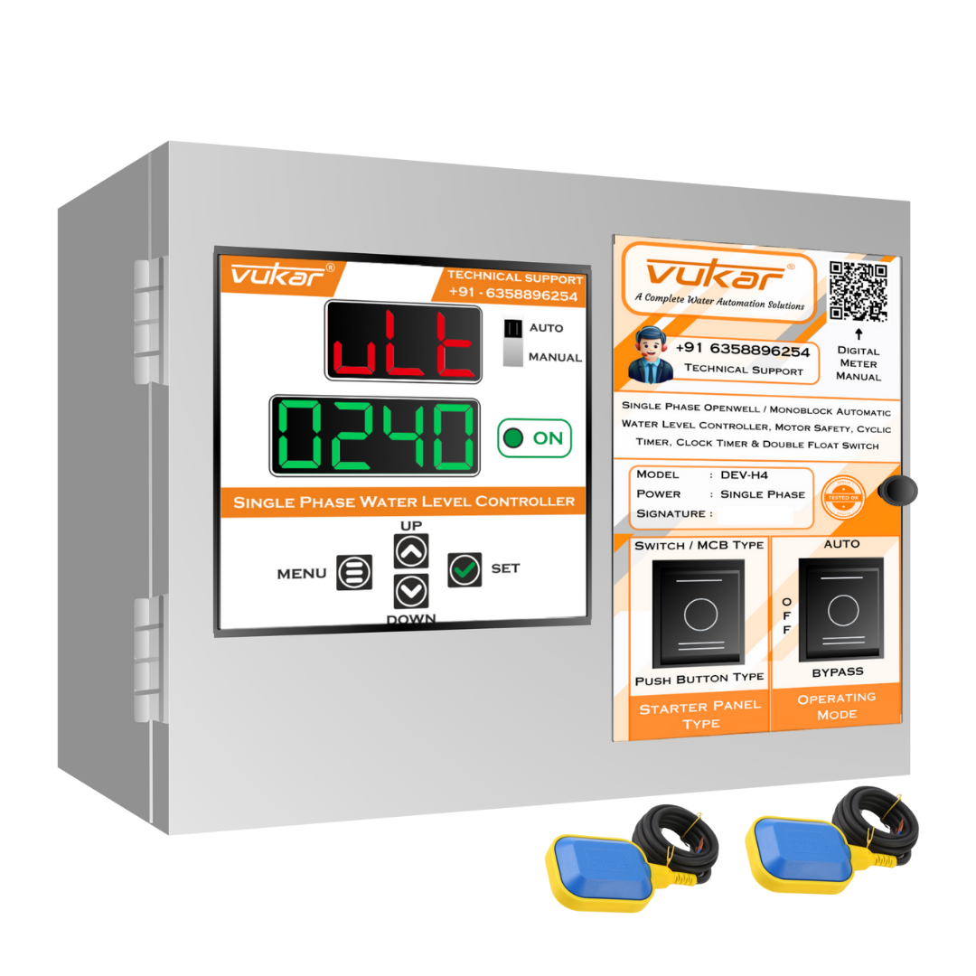 Single Phase Openwell / Monoblock Automatic Water Level Controller, Motor Safety, Cyclic Timer, Clock Timer & Double Float Switch (DEV-H4)