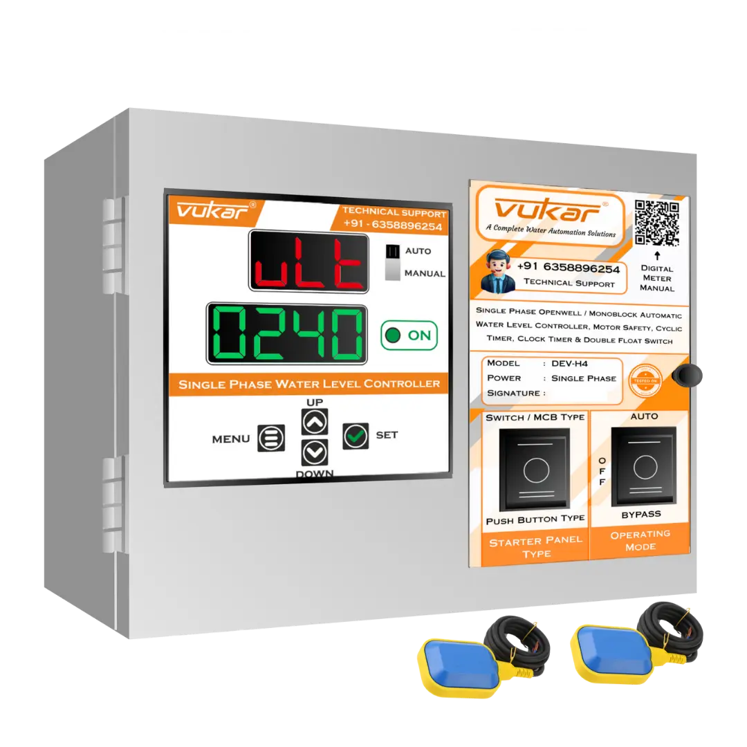Single Phase Openwell / Monoblock Automatic Water Level Controller, Motor Safety, Cyclic Timer, Clock Timer & Double Float Switch (DEV-H4) VUKAR