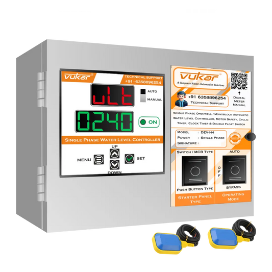 Single Phase Openwell / Monoblock Automatic Water Level Controller, Motor Safety, Cyclic Timer, Clock Timer & Double Float Switch (DEV-H4) VUKAR
