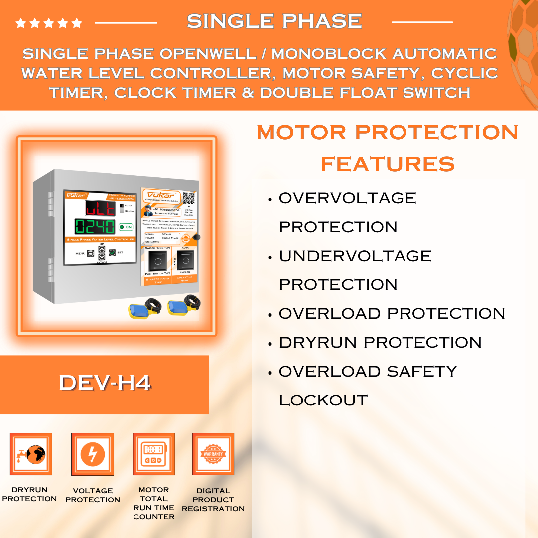 Single Phase Openwell / Monoblock Automatic Water Level Controller, Motor Safety, Cyclic Timer, Clock Timer & Double Float Switch (DEV-H4)