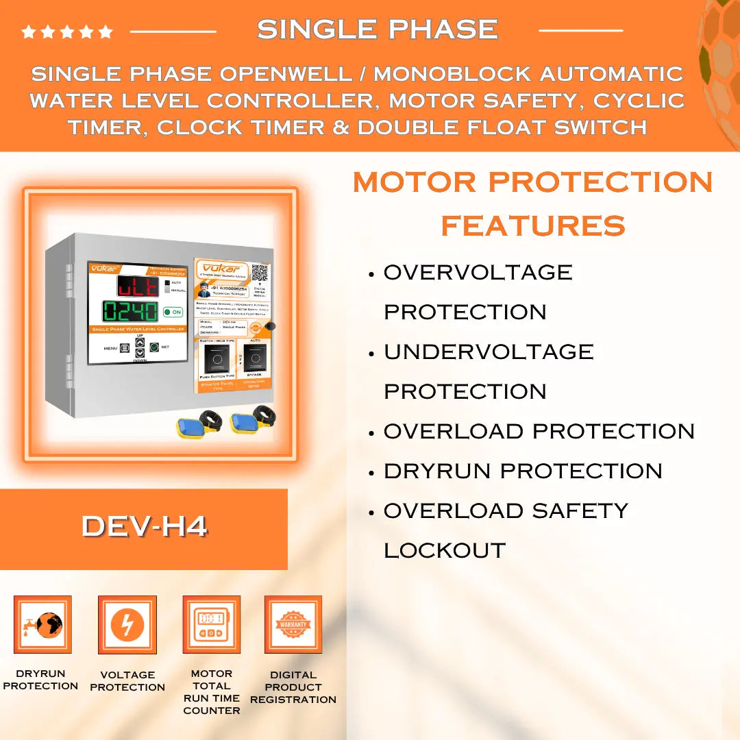 Single Phase Openwell / Monoblock Automatic Water Level Controller, Motor Safety, Cyclic Timer, Clock Timer & Double Float Switch (DEV-H4) VUKAR
