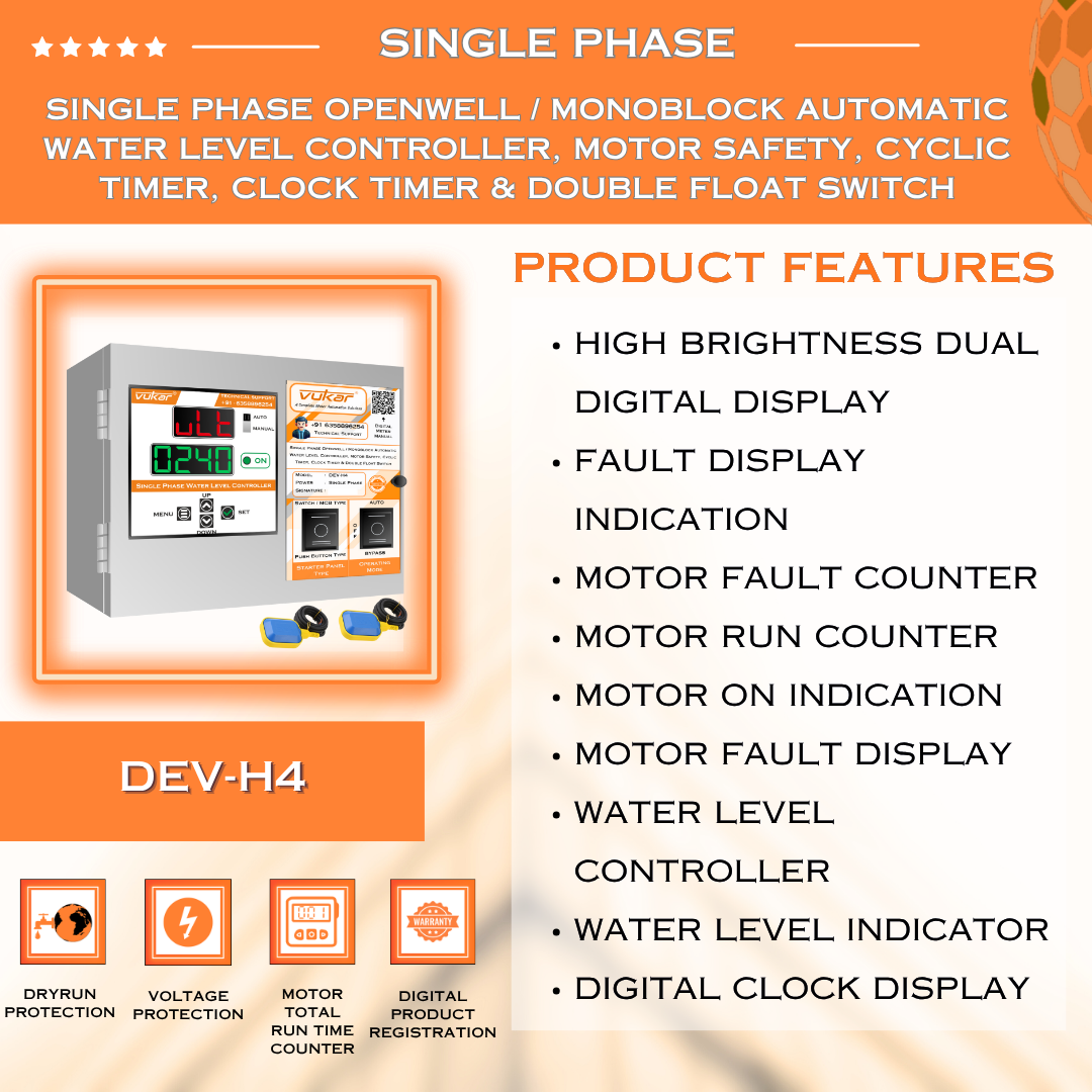 Single Phase Openwell / Monoblock Automatic Water Level Controller, Motor Safety, Cyclic Timer, Clock Timer & Double Float Switch (DEV-H4)