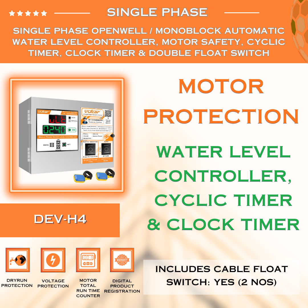Single Phase Openwell / Monoblock Automatic Water Level Controller, Motor Safety, Cyclic Timer, Clock Timer & Double Float Switch (DEV-H4)