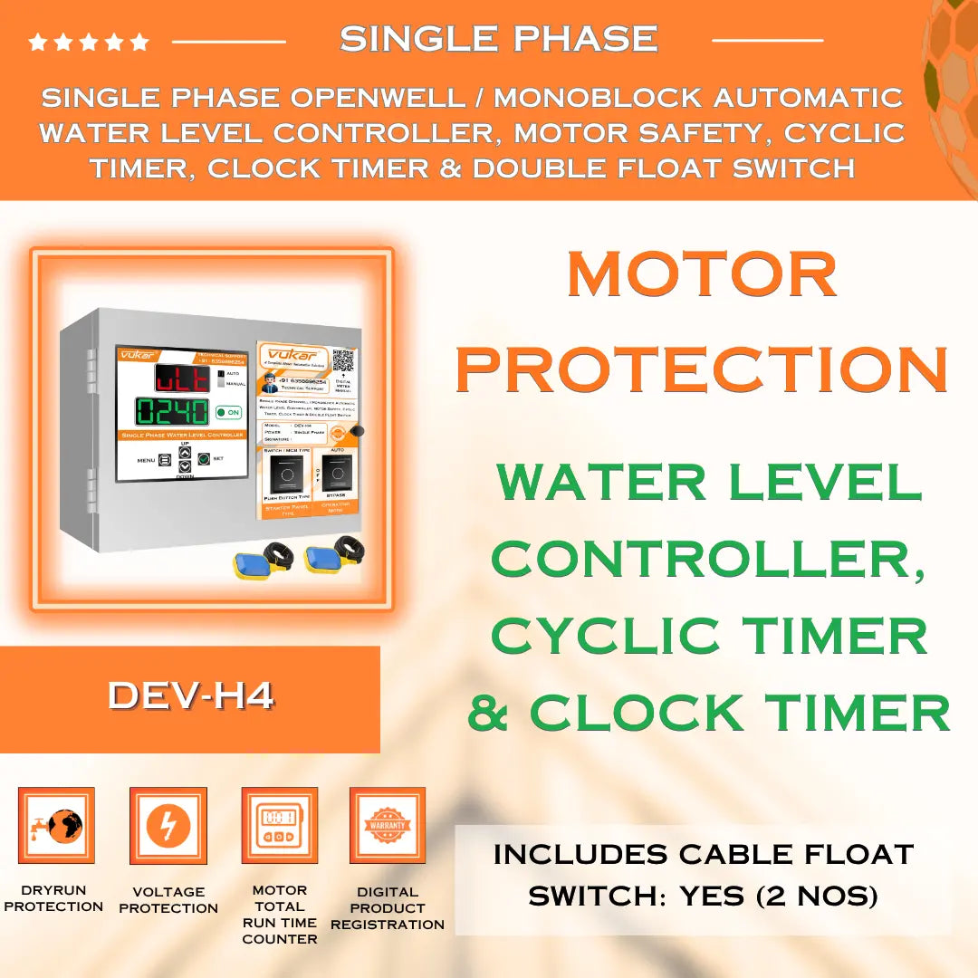 Single Phase Openwell / Monoblock Automatic Water Level Controller, Motor Safety, Cyclic Timer, Clock Timer & Double Float Switch (DEV-H4) VUKAR