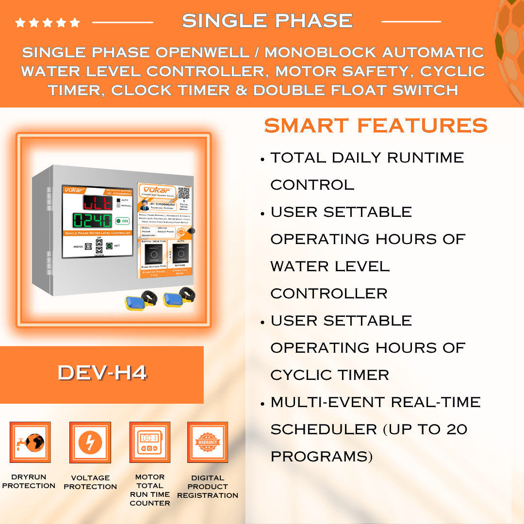 Single Phase Openwell / Monoblock Automatic Water Level Controller, Motor Safety, Cyclic Timer, Clock Timer & Double Float Switch (DEV-H4)