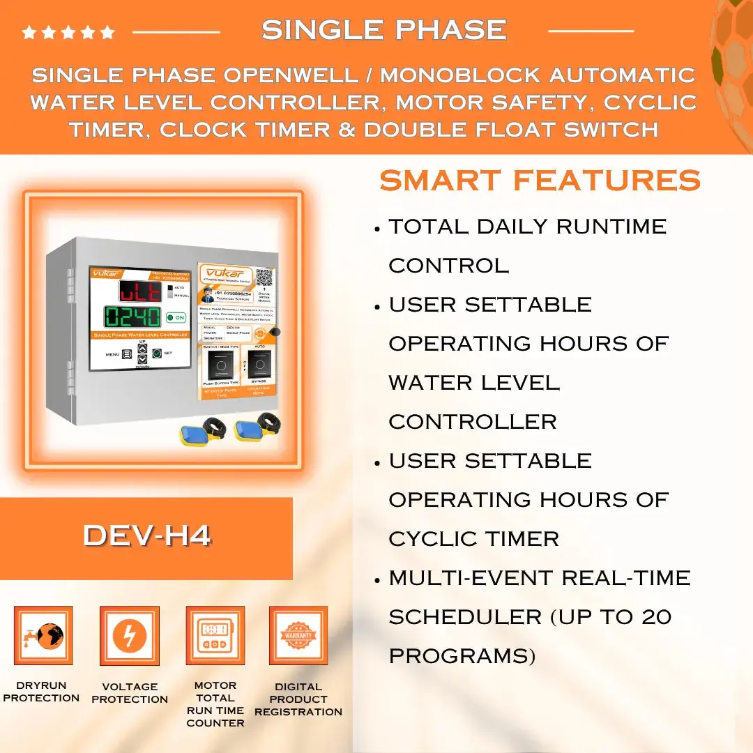 Single Phase Openwell / Monoblock Automatic Water Level Controller, Motor Safety, Cyclic Timer, Clock Timer & Double Float Switch (DEV-H4) VUKAR