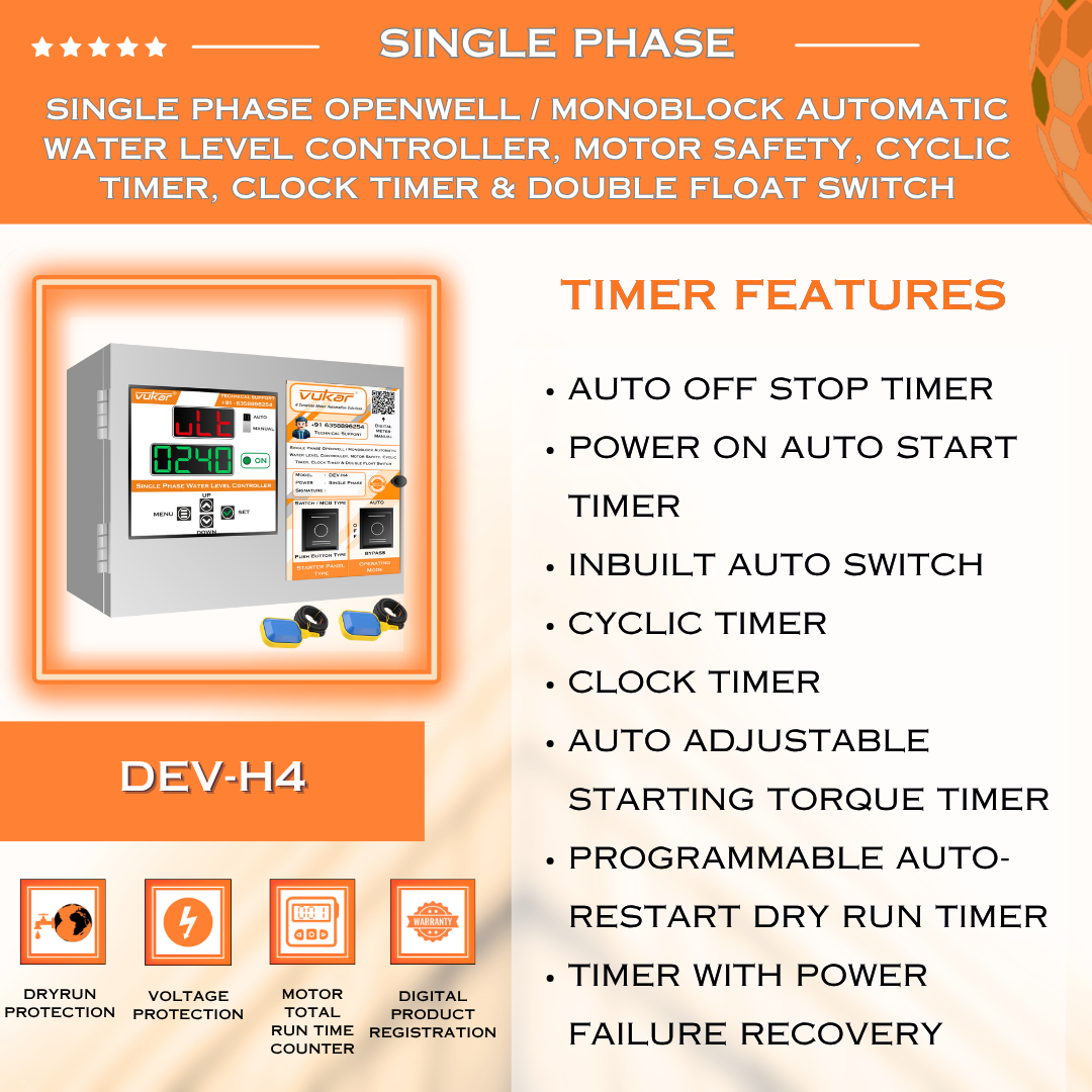 Single Phase Openwell / Monoblock Automatic Water Level Controller, Motor Safety, Cyclic Timer, Clock Timer & Double Float Switch (DEV-H4)