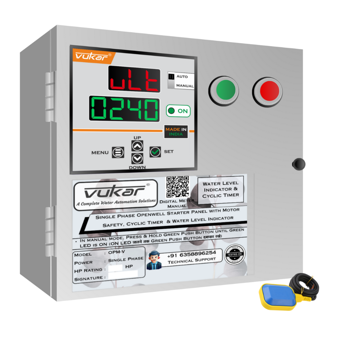 Single Phase Openwell Starter Panel with Motor Safety, Cyclic Timer & Water Level Indicator (OPM-V)