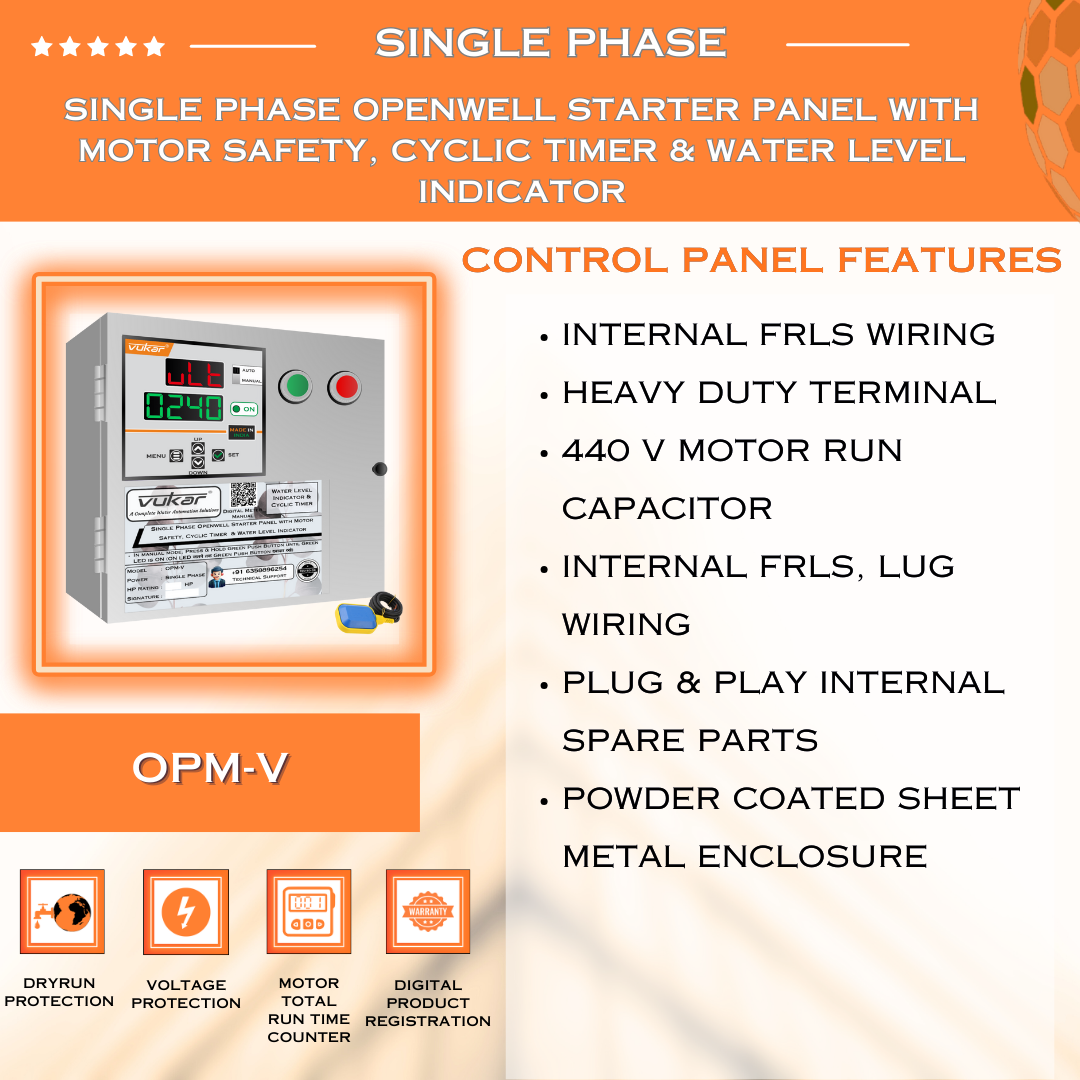 Single Phase Openwell Starter Panel with Motor Safety, Cyclic Timer & Water Level Indicator (OPM-V)