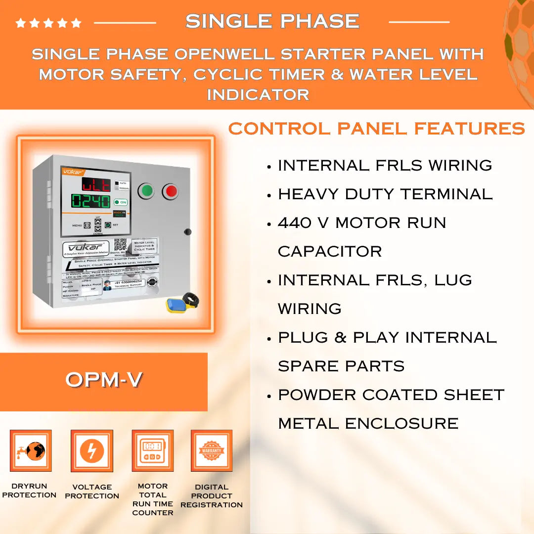 Single Phase Openwell Starter Panel with Motor Safety, Cyclic Timer & Water Level Indicator (OPM-V) VUKAR
