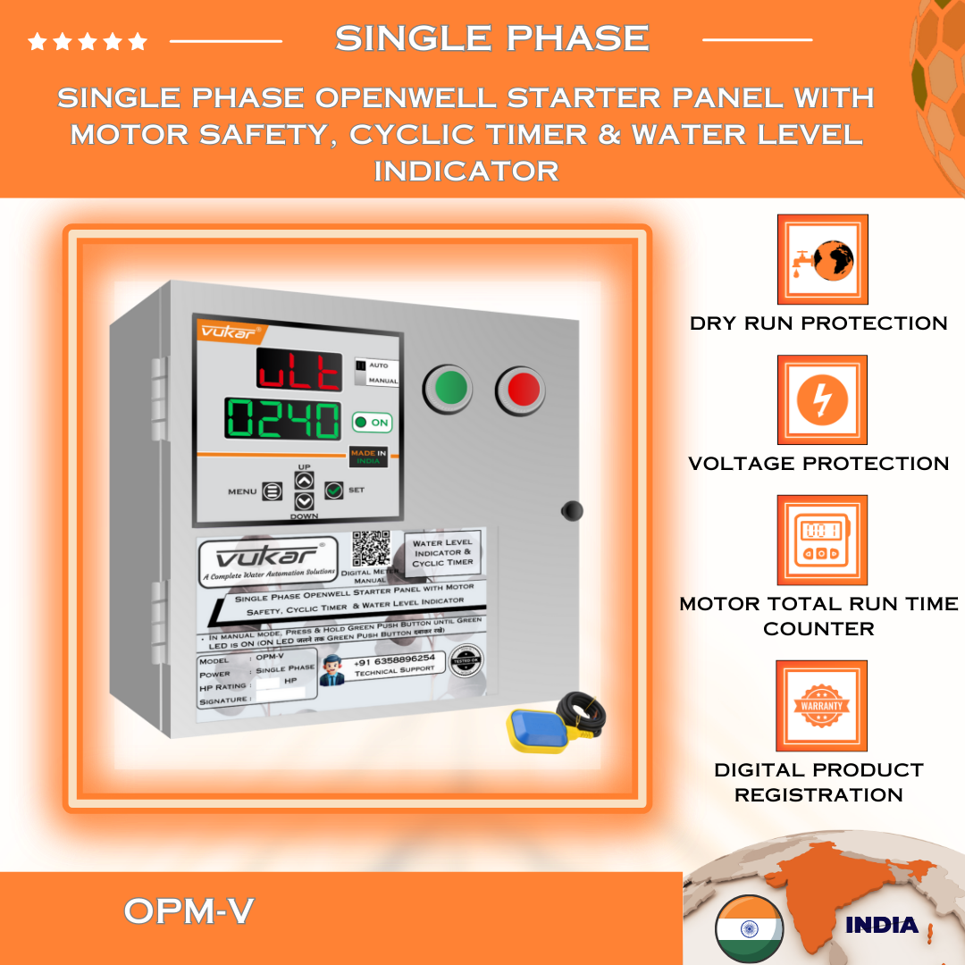 Single Phase Openwell Starter Panel with Motor Safety, Cyclic Timer & Water Level Indicator (OPM-V)