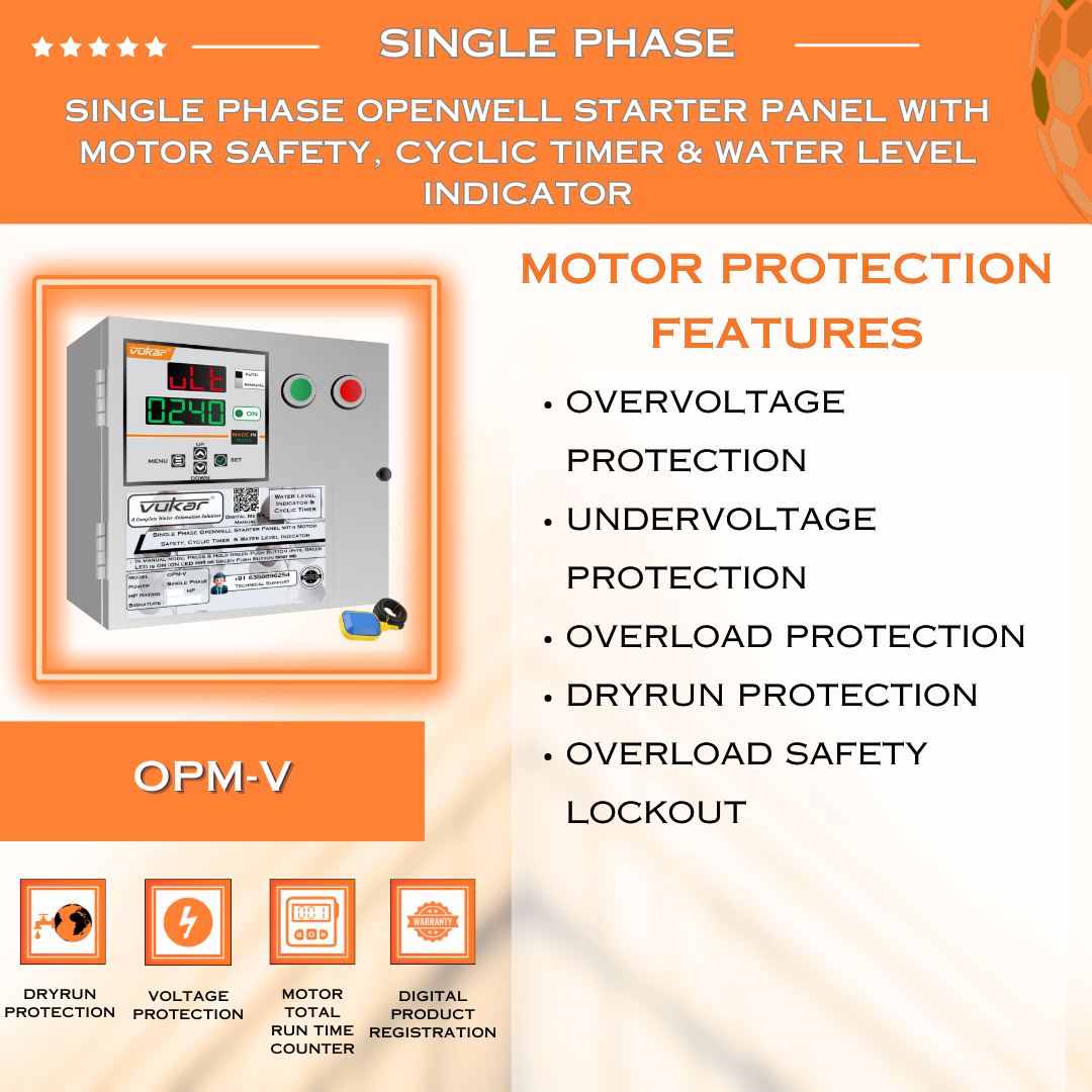 Single Phase Openwell Starter Panel with Motor Safety, Cyclic Timer & Water Level Indicator (OPM-V)