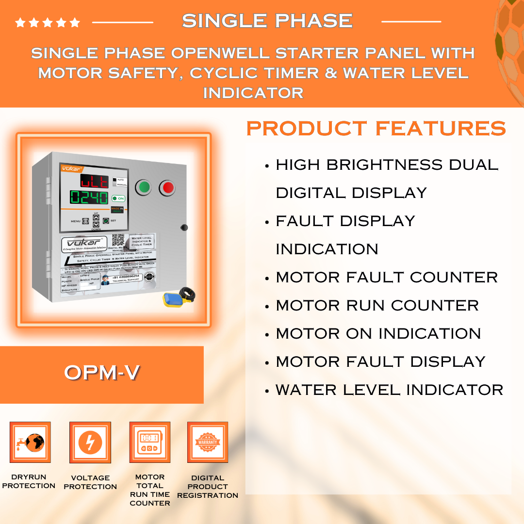 Single Phase Openwell Starter Panel with Motor Safety, Cyclic Timer & Water Level Indicator (OPM-V)