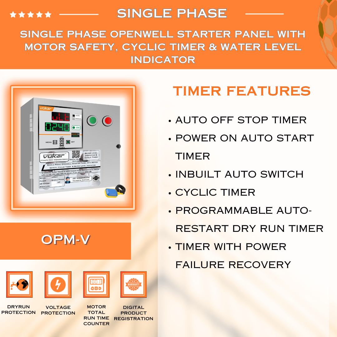 Single Phase Openwell Starter Panel with Motor Safety, Cyclic Timer & Water Level Indicator (OPM-V)