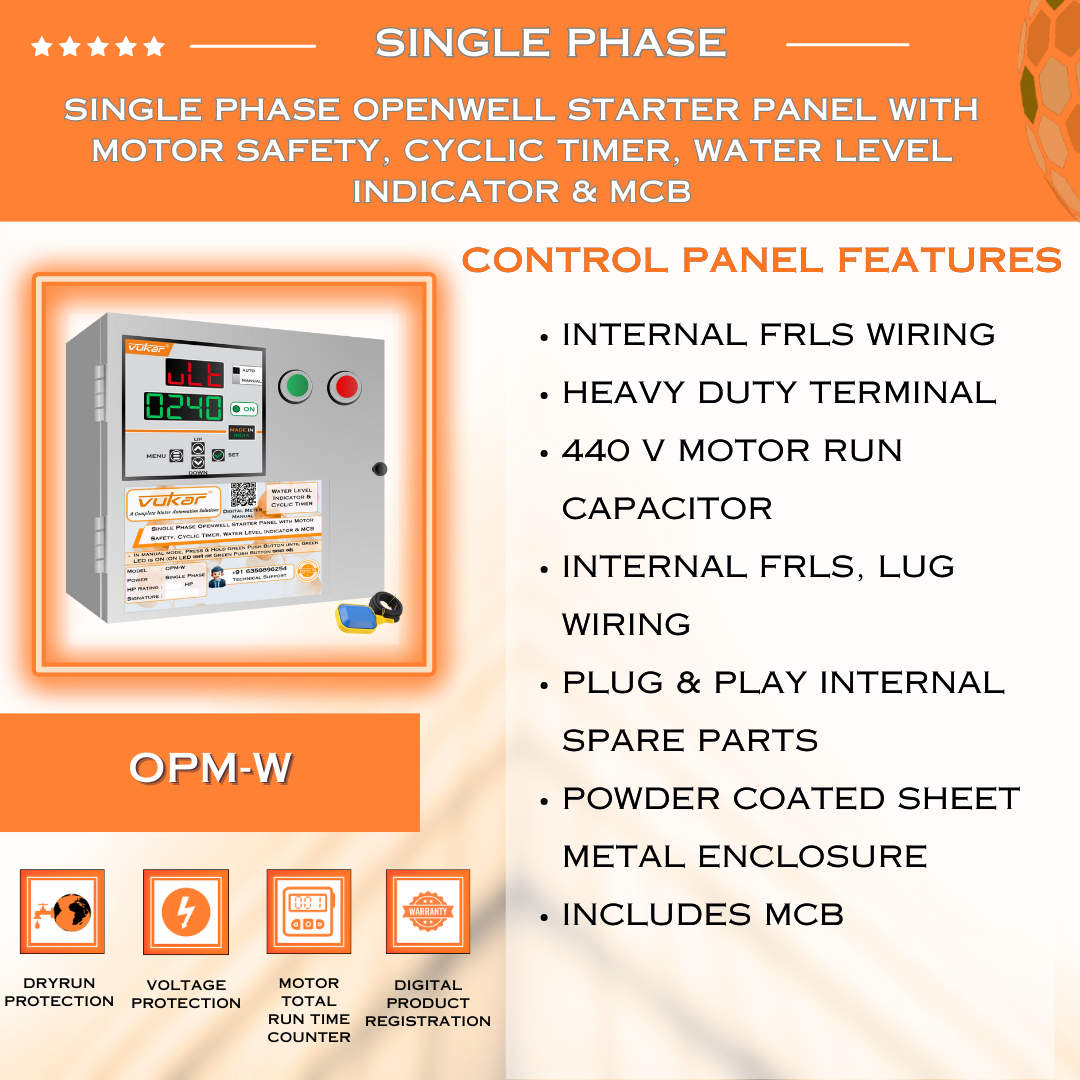 Single Phase Openwell Starter Panel with Motor Safety, Cyclic Timer, Water Level Indicator & MCB (OPM-W)