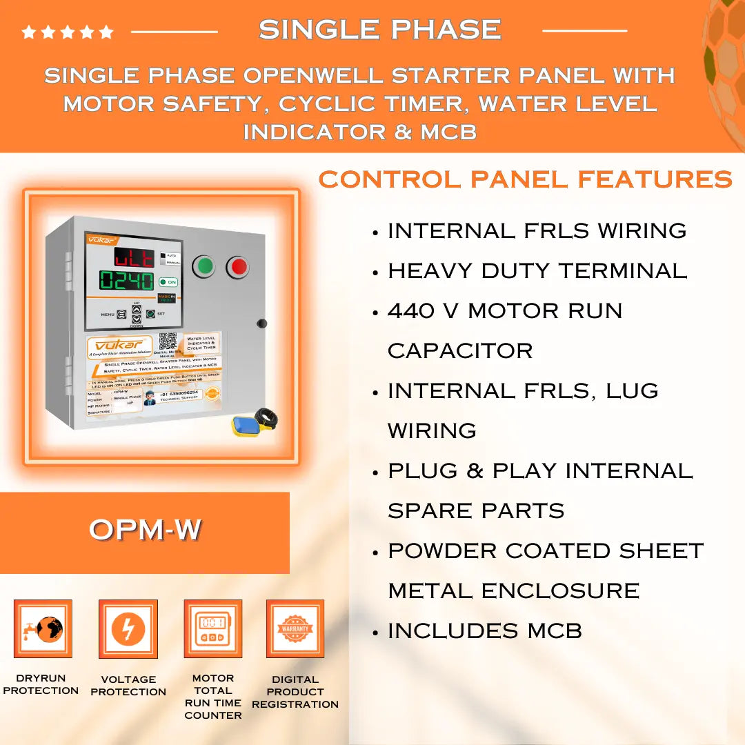 Single Phase Openwell Starter Panel with Motor Safety, Cyclic Timer, Water Level Indicator & MCB (OPM-W) VUKAR
