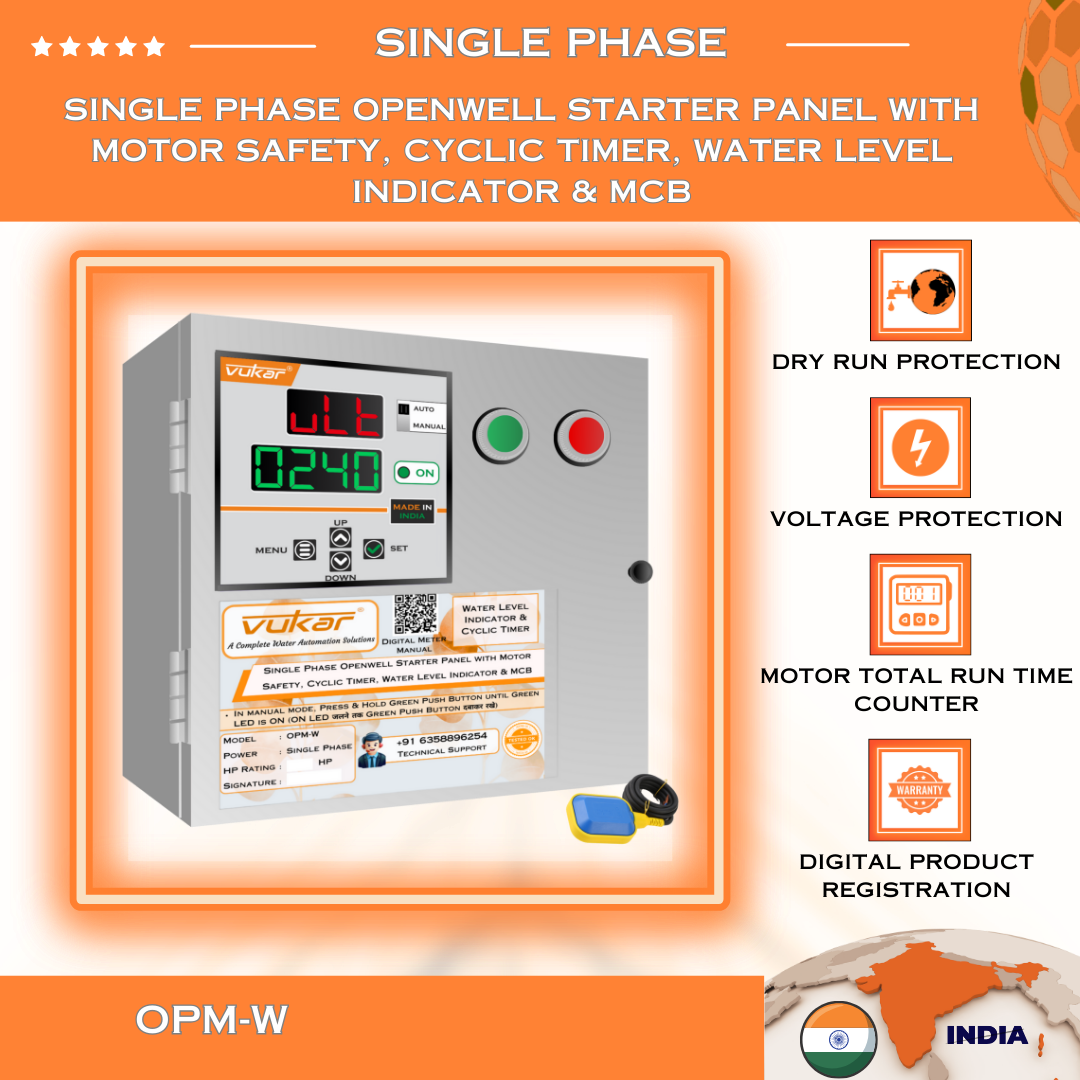 Single Phase Openwell Starter Panel with Motor Safety, Cyclic Timer, Water Level Indicator & MCB (OPM-W)