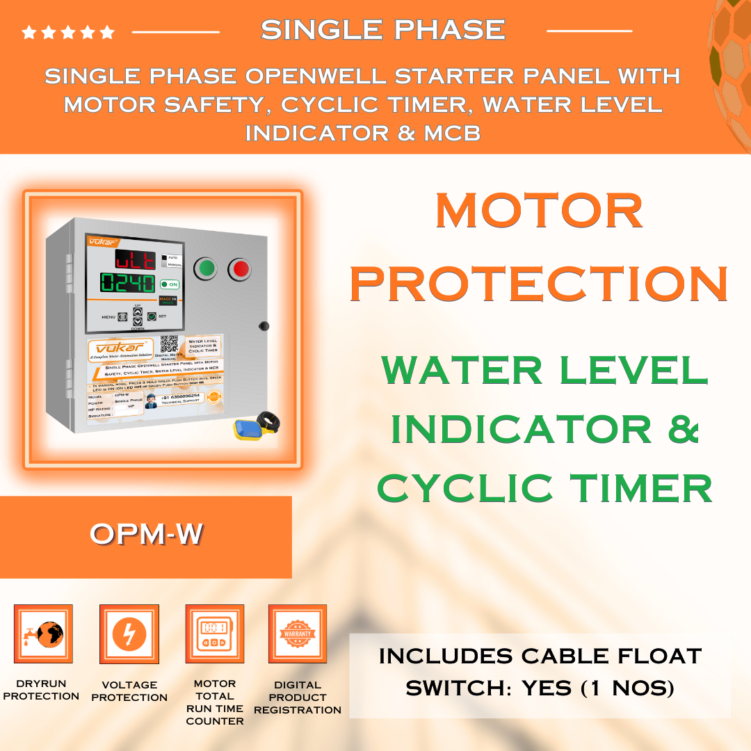 Single Phase Openwell Starter Panel with Motor Safety, Cyclic Timer, Water Level Indicator & MCB (OPM-W)
