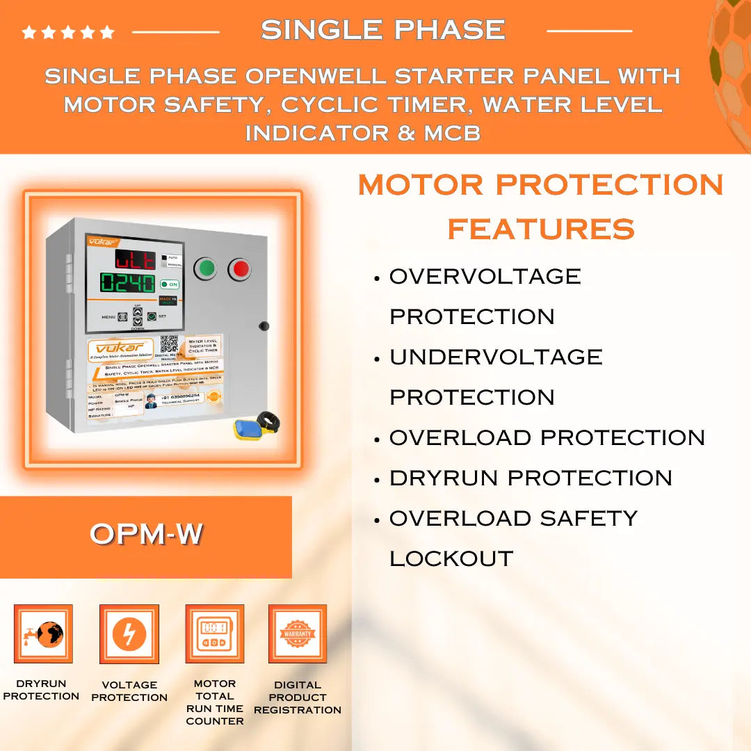Single Phase Openwell Starter Panel with Motor Safety, Cyclic Timer, Water Level Indicator & MCB (OPM-W) VUKAR