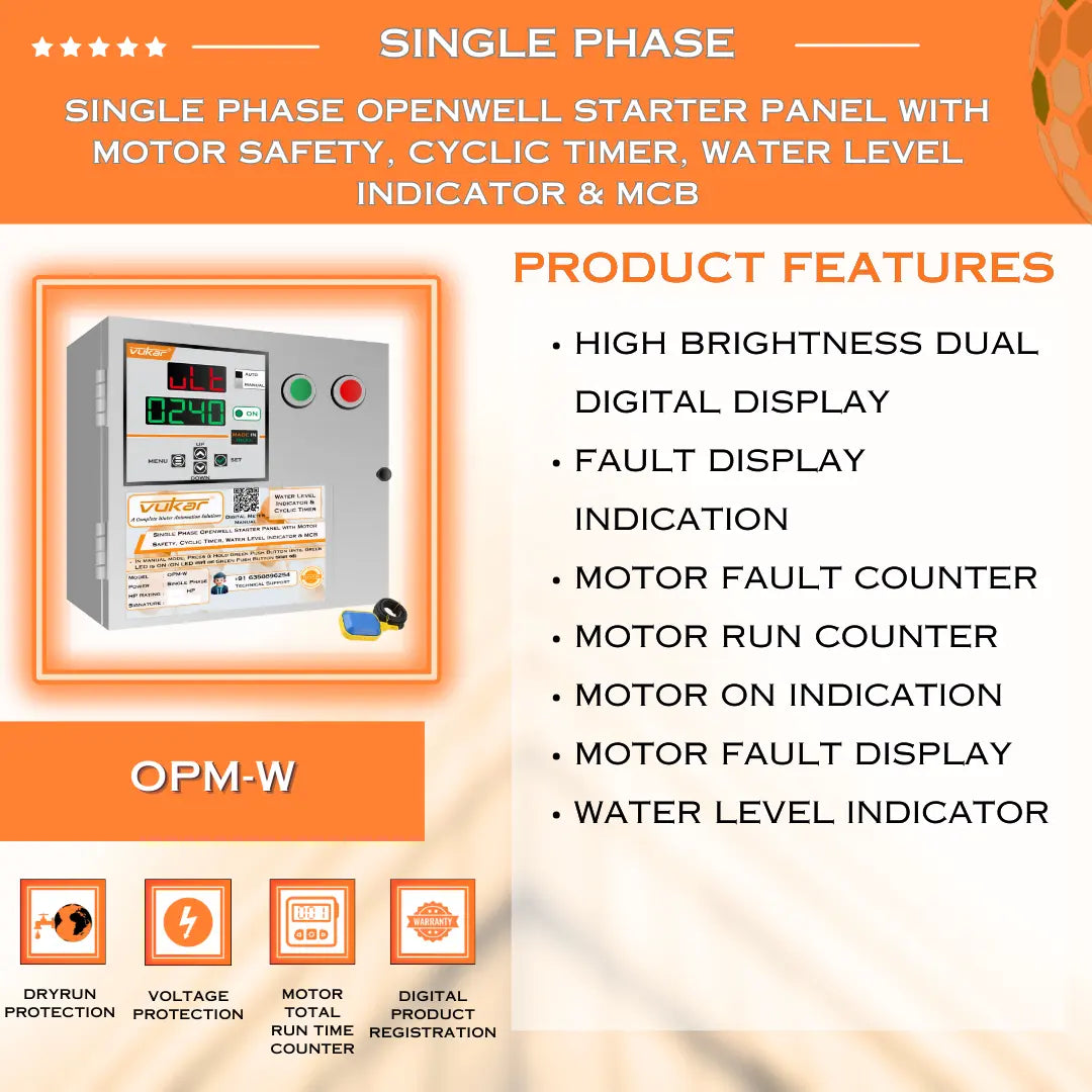 Single Phase Openwell Starter Panel with Motor Safety, Cyclic Timer, Water Level Indicator & MCB (OPM-W) VUKAR