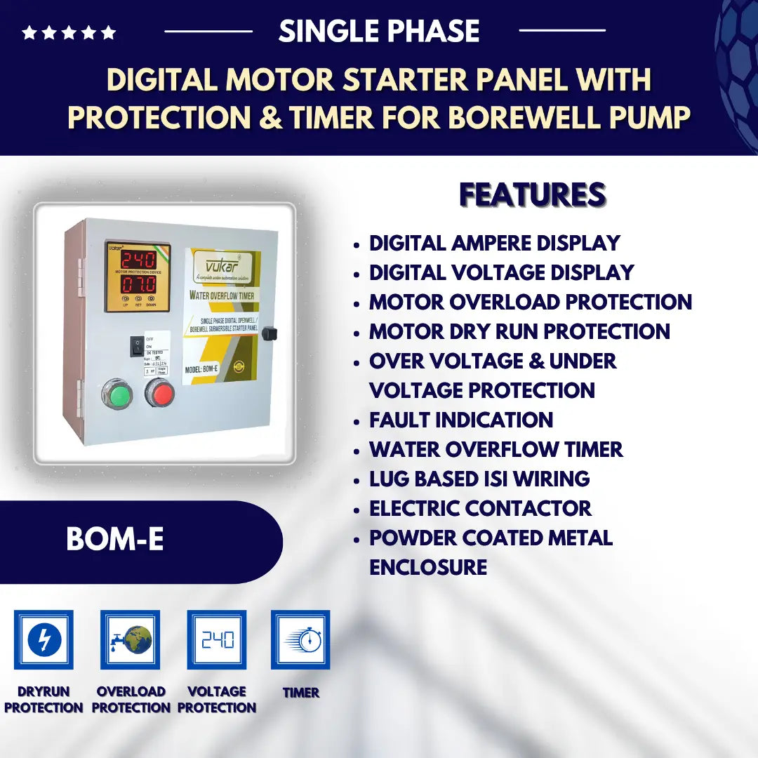 Single Phase Digital Openwell / Borewell Starter Panel with Motor Safety & Motor Auto Off / Stop Timer (BOM-E) VUKAR