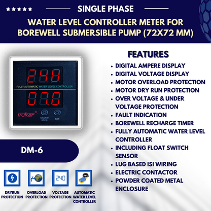 Single Phase Water Level Controller Meter for Borewell Submersible Pump (72x72 mm)