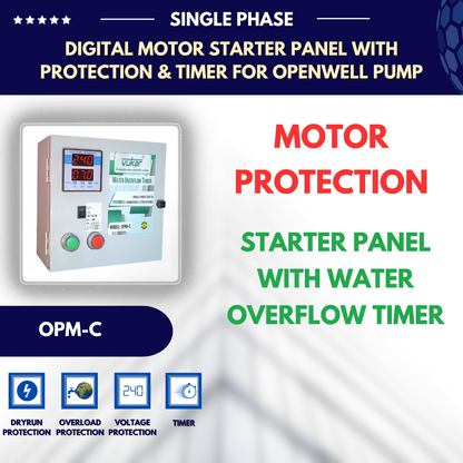Single Phase Digital Openwell Motor Starter Panel Board with Dry Run Protection, Overload Protection, Overvoltage, Undervoltage Protection and Water Overflow Timer (OPM-C)