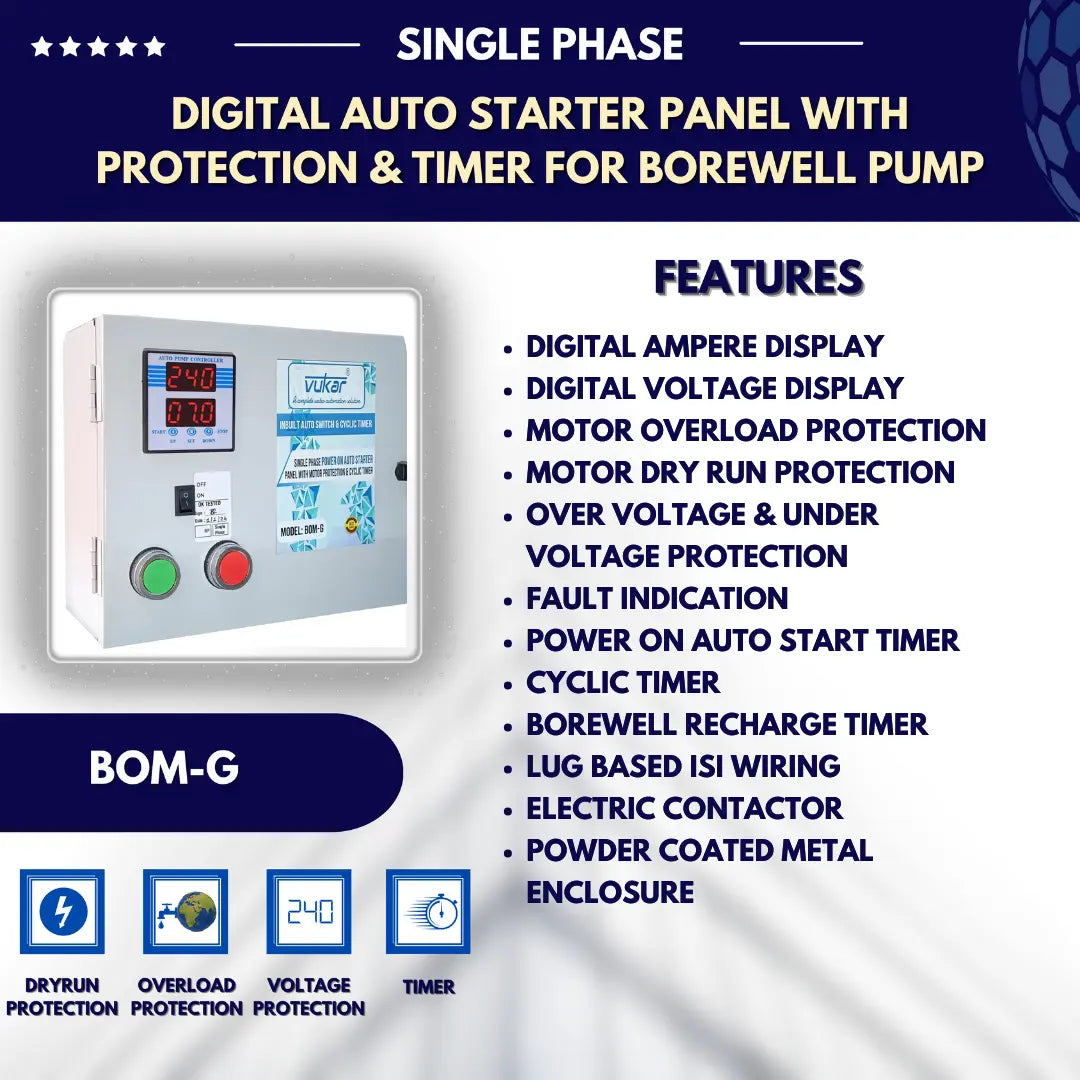 Heavy Duty Single Phase Openwell / Borewell Auto Starter Panel with Motor Safety & Cyclic Timer (BOM-G) VUKAR