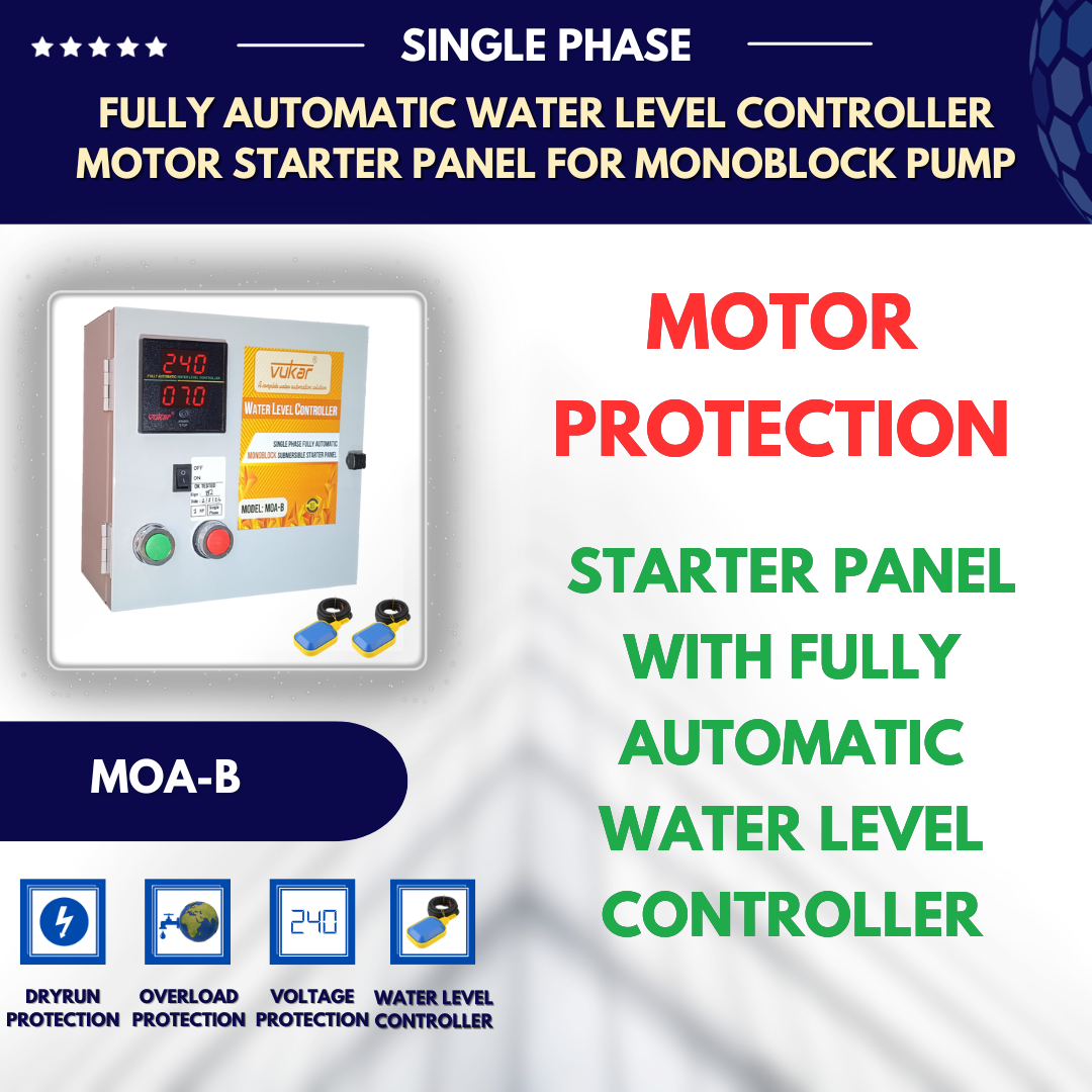 Single Phase Digital Fully Automatic Water Level Controller Monoblock (Tullu) Motor Starter Panel Board with Dry Run, Overload, Voltage Protection and Dual Tank Float Switch Sensor (MOA-B)