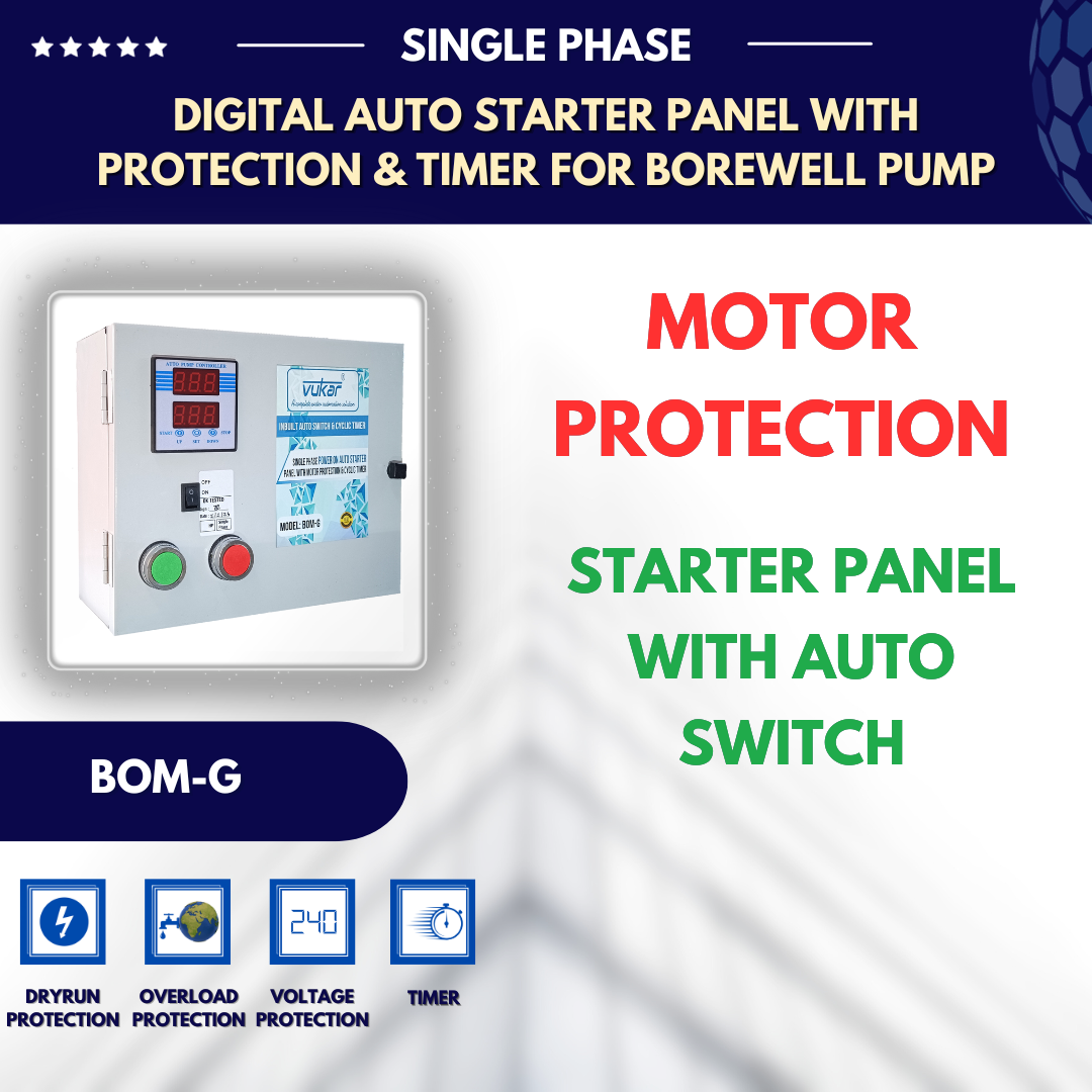 Power ON Digital Single Phase Motor Auto Starter Borewell Submersible Pump Panel Board with Motor Dry Run, Overload, Voltage Protection and Cyclic Timer (BOM-G)