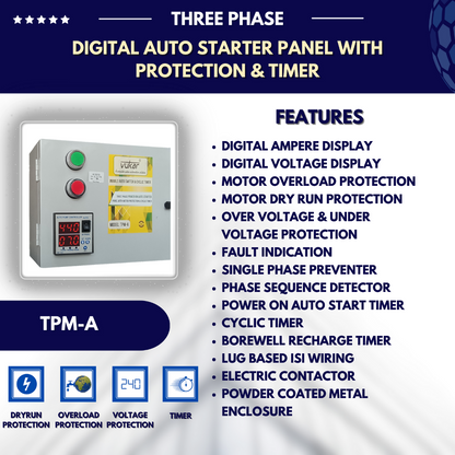 Three Phase Digital DOL Auto Motor Starter Panel Board for Borewell Submersible Pump with Dry Run, Overload, Voltage Protection, Cyclic Timer and Inbuilt Auto Switch (TPM-A)