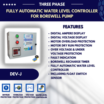 3 Phase Digital Automatic Borewell Submersible Pump Water Level Controller with Motor Dry Run, Overload, Voltage Protection and Float Switch Sensor for Borewell Starter Panel (DEV-J)