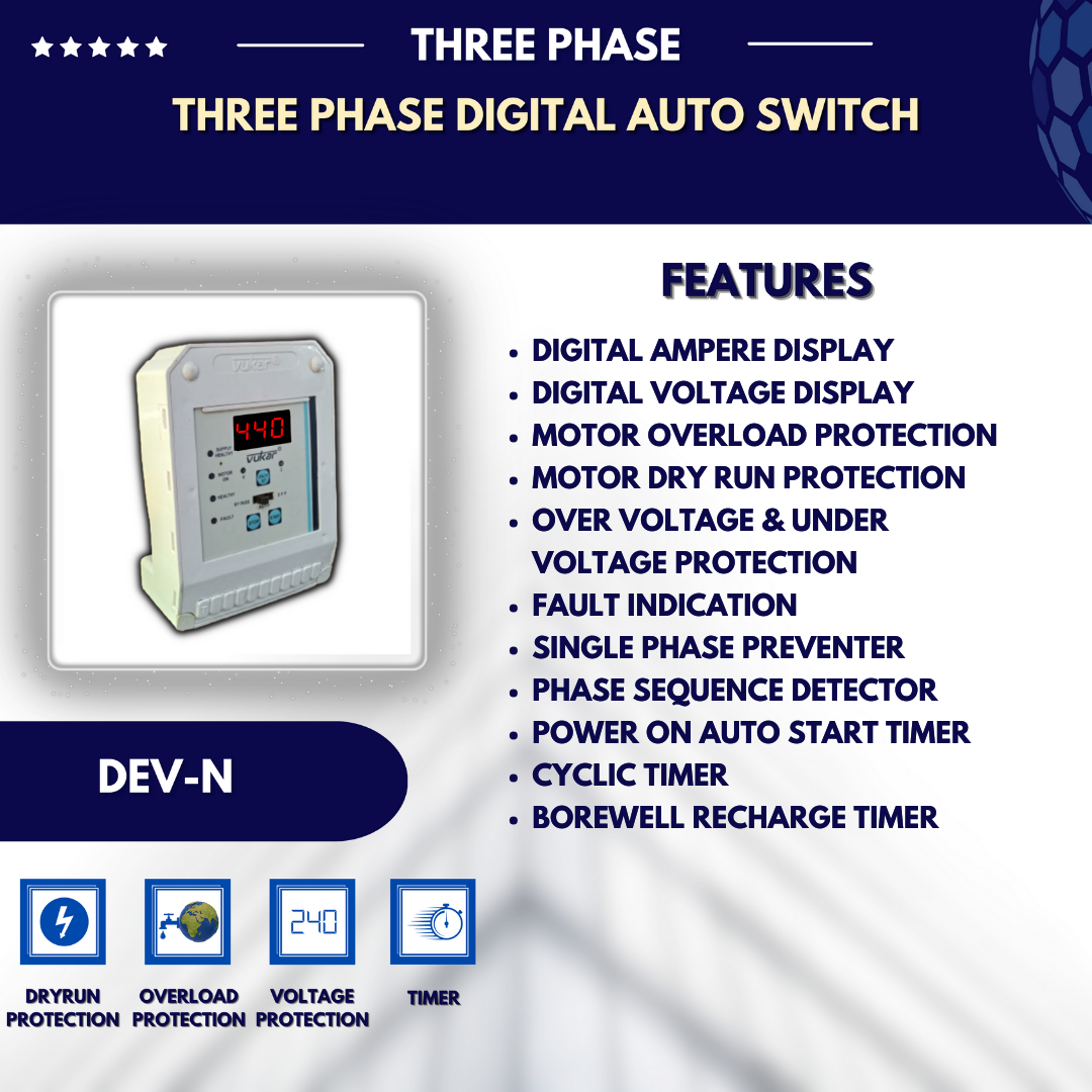 3 Phase Digital Auto Switch with Single Phase Preventer, Phase Sequence Detector, Dry Run, Overload, Voltage Protection and Cyclic Timer for 3 Phase Motor Starter Panel (3HP to 100HP)