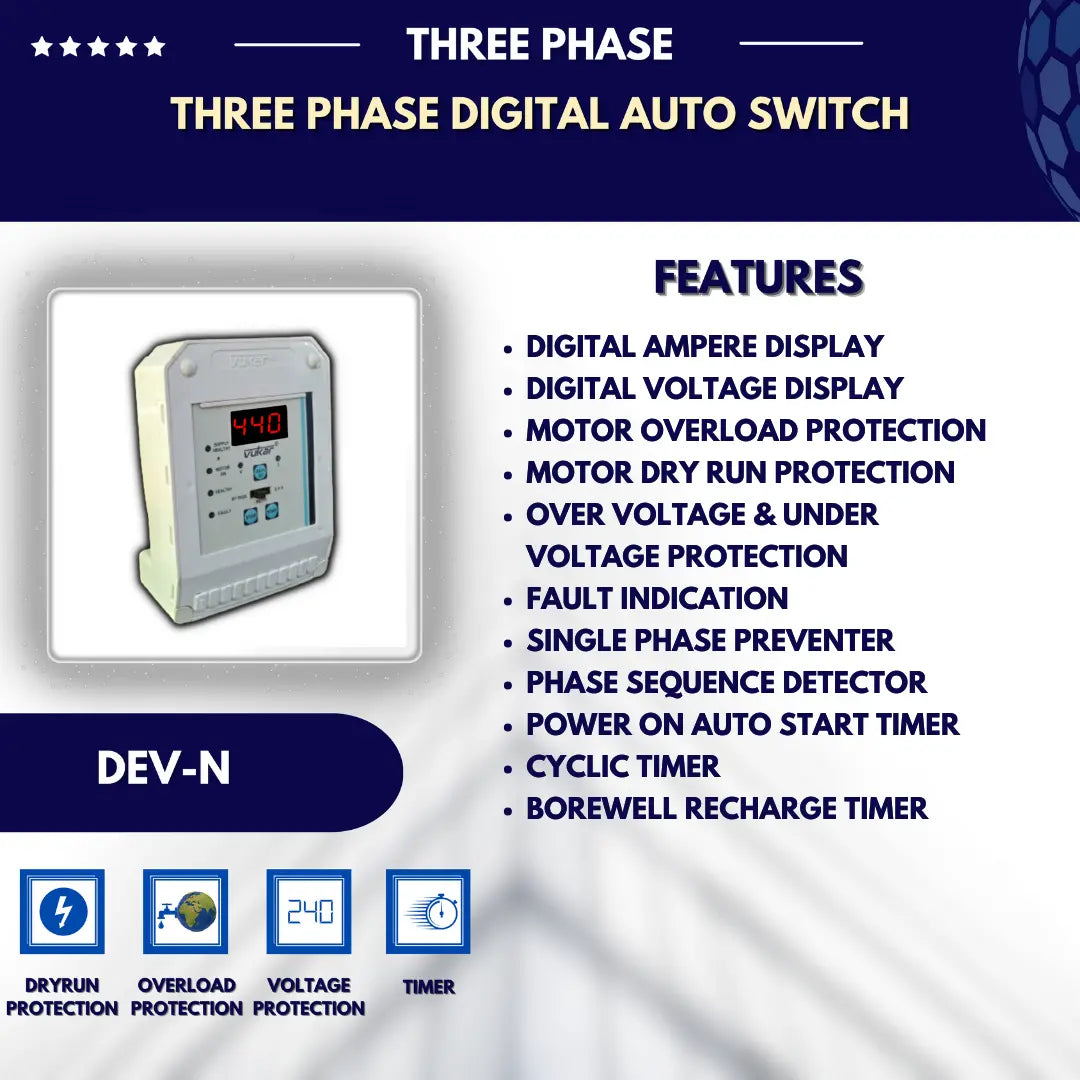 3 Phase Digital Auto Switch with Motor Safety & Timer (2HP to 100HP) VUKAR