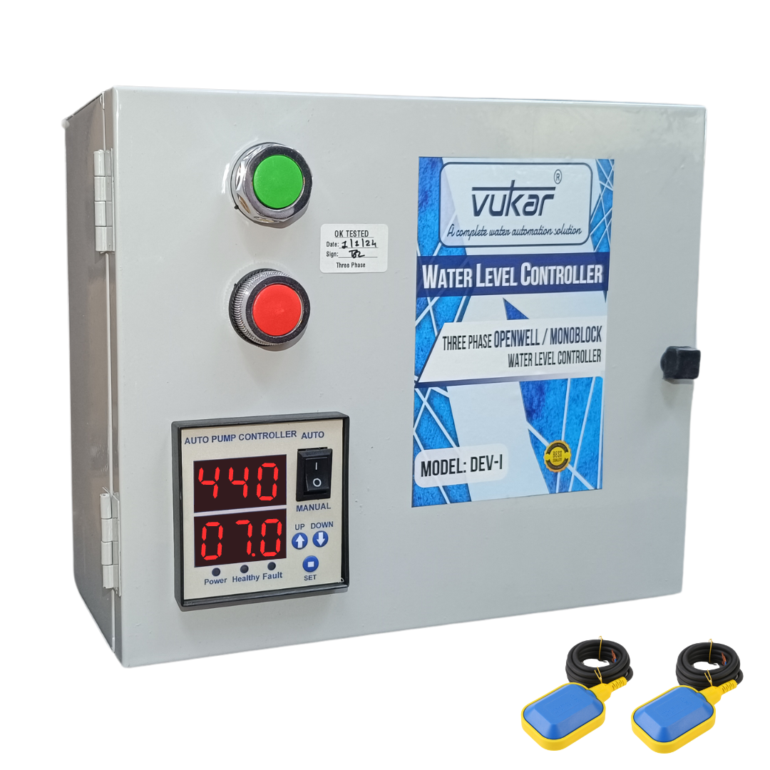 3 Phase Digital Fully Automatic Water Level Controller with Dry Run, Overload and Voltage Protection with Dual Tank Float Sensor for Openwell / Monoblock Water Pump Motor Starter Panel (DEV-I)