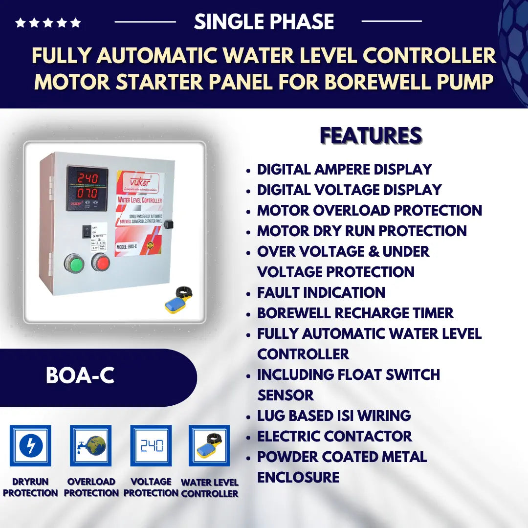 Single Phase Openwell / Borewell Automatic Starter Panel with Water Level Controller,  Motor Safety & Cyclic Timer (BOA-C) VUKAR