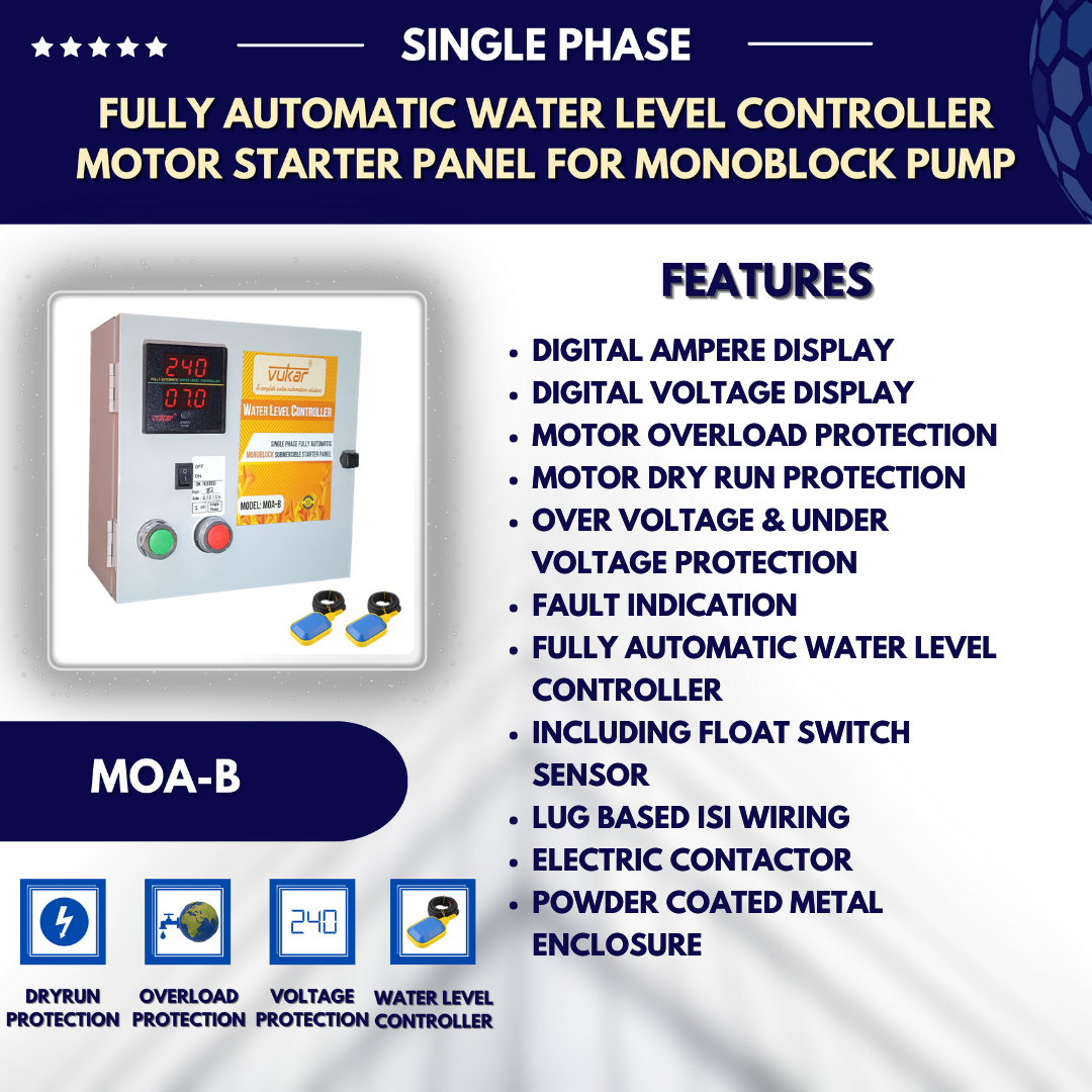 Single Phase Digital Fully Automatic Water Level Controller Monoblock (Tullu) Motor Starter Panel Board with Dry Run, Overload, Voltage Protection and Dual Tank Float Switch Sensor (MOA-B)