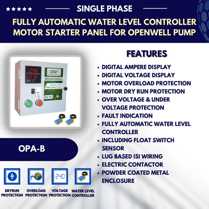 Single Phase Digital Fully Automatic Water Level Controller Openwell Motor Starter Panel Board with Dry Run, Overload, Voltage Protection and Dual Tank Float Switch Sensor (OPA-B)