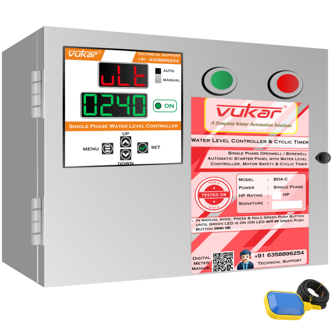 VUKAR BOA-C single-phase water level controller starter panel with cable float switch — illustrative example