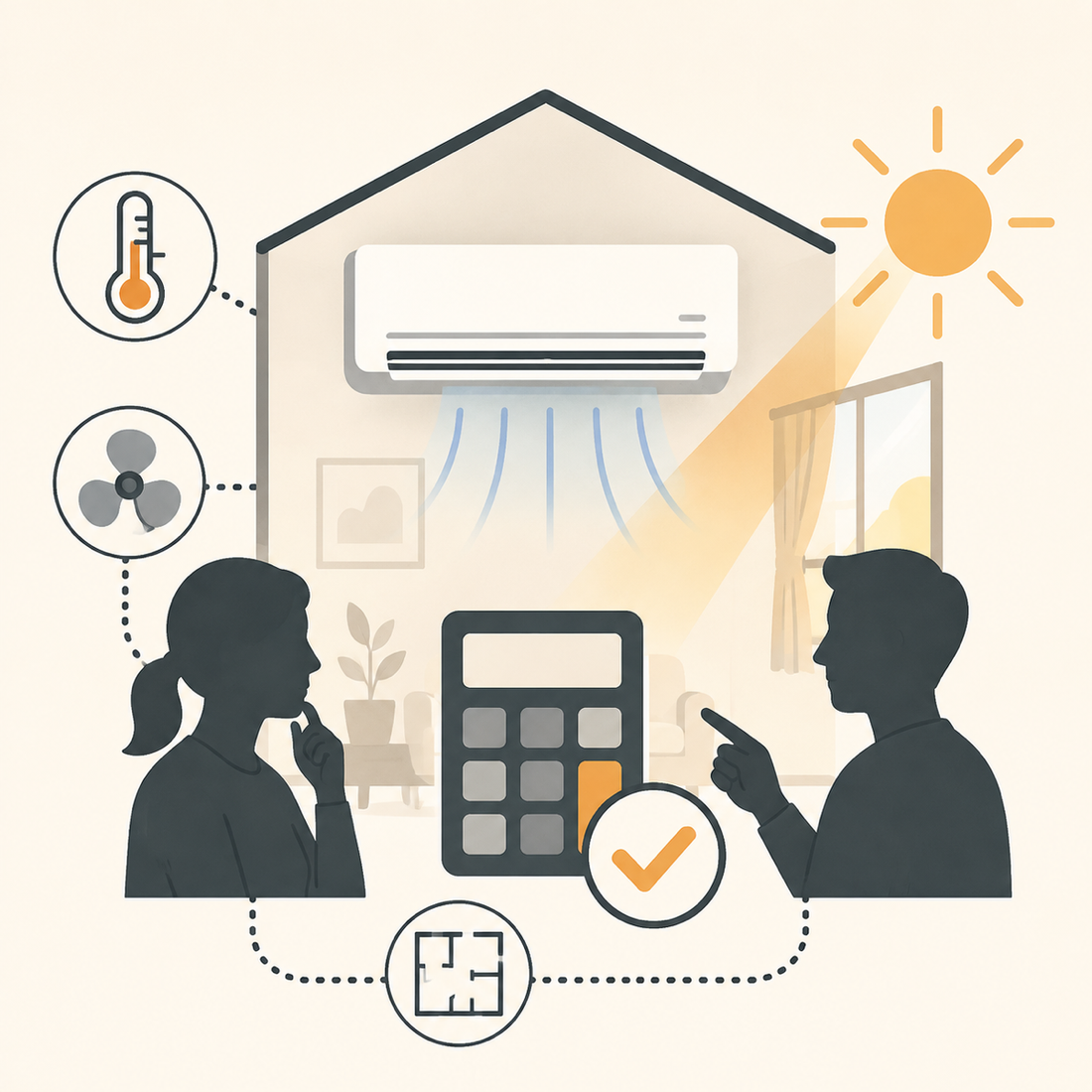 Illustration of room conditions and a calculator used for AC capacity screening