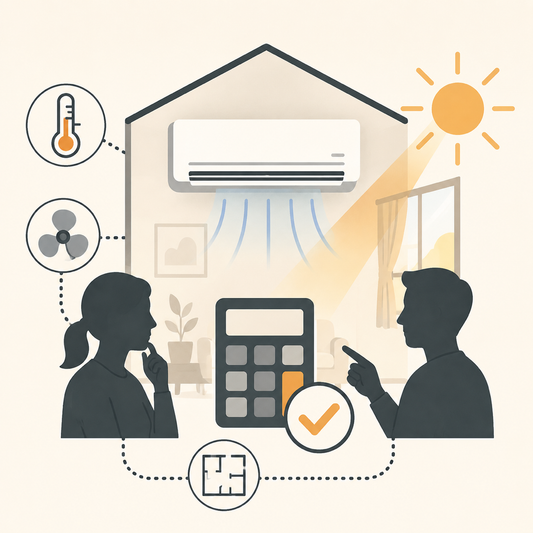 Illustration of room conditions and a calculator used for AC capacity screening
