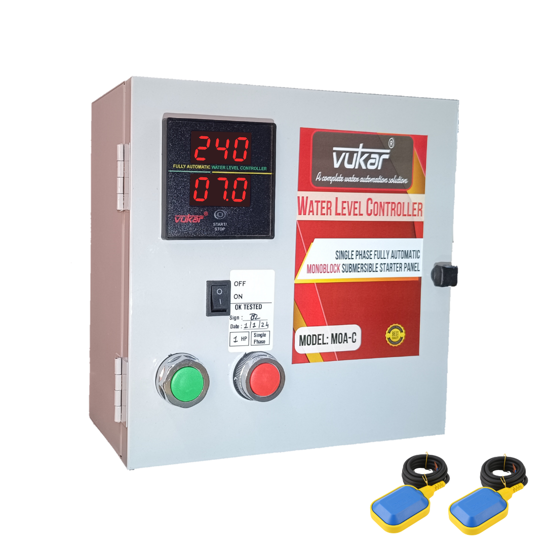 Single Phase Digital Fully Automatic Water Level Controller Starter Panel Board for Corporation Water Supply with Motor Dry Run, Overload, Voltage Protection and Float Switch Sensor (MOA-C)
