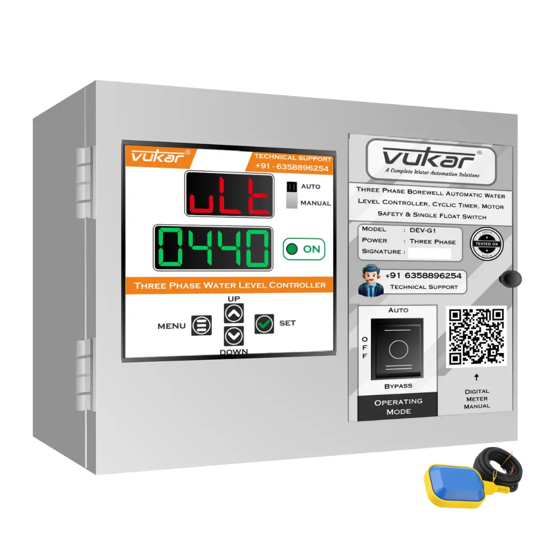 Three Phase Borewell Automatic Water Level Controller, Cyclic Timer, Motor Safety & Single Float Switch (DEV-G1) VUKAR