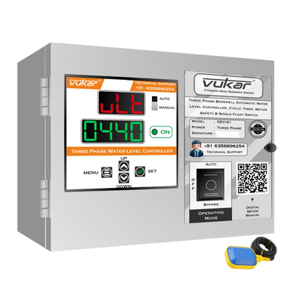 Three Phase Borewell Automatic Water Level Controller, Cyclic Timer, Motor Safety & Single Float Switch (DEV-G1)